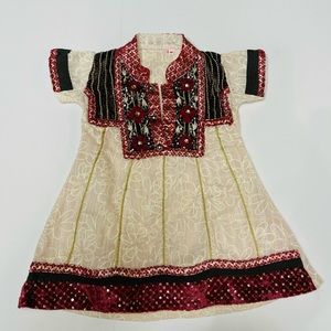 Unique Girls Dress 18 months, Sequined with Velvet Fur Faux, Gold Buttons Red Cl